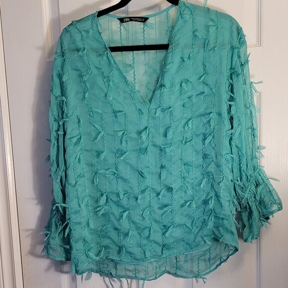 🌹ZARA Sheer Tattered Fringed Bell Sleeve Blouse in Aqua NWOT - Picture 2 of 7